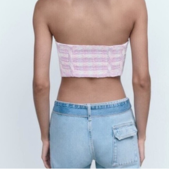 Zara Tweed Bustier Tube Top Pink Purple Size S Cropped Sweetheart Neckline - Picture 2 of 9